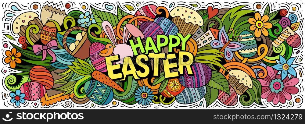 Happy Easter hand drawn cartoon doodles illustration. Holiday funny objects and elements poster design. Creative art background. Colorful vector banner. Happy Easter hand drawn cartoon doodles illustration.