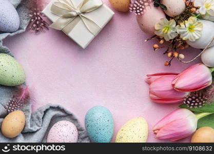 Happy easter holiday greeting card. Bouquet of pink tulips and Easter egg on pink background. Space for text