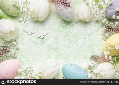 Happy Easter holiday greeting card. Bouquet of white tulips and Easter egg on green wooden background. Space for text