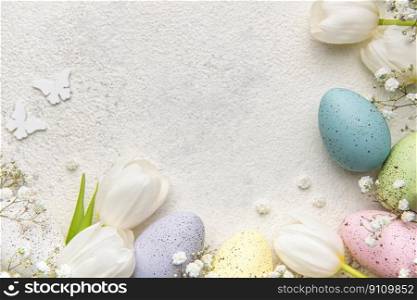 Happy Easter holiday greeting card. Bouquet of white tulips and Easter egg on concrete background. Space for text