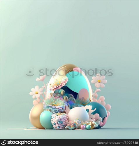Happy Easter Illustration Background with Copy Space In Glosy 3D Eggs and Flower Ornaments