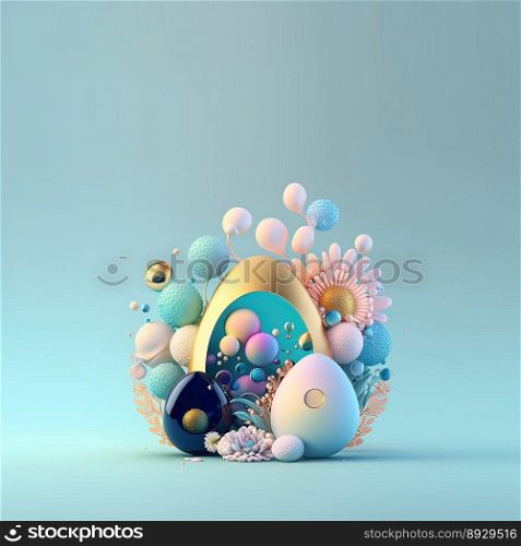 Happy Easter Illustration Background with Copy Space In Shiny 3D Eggs and Flower Ornaments