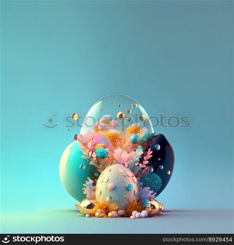 Happy Easter Illustration Background with Glosy 3D Eggs and Flower Ornaments