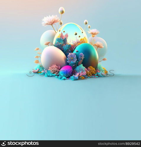 Happy Easter Illustration Background with Glosy 3D Eggs and Flowers