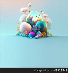 Happy Easter Illustration Background with Glosy 3D Eggs and Flowers