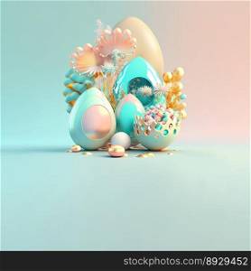 Happy Easter Illustration Background with Shiny 3D Eggs and Flower Ornaments