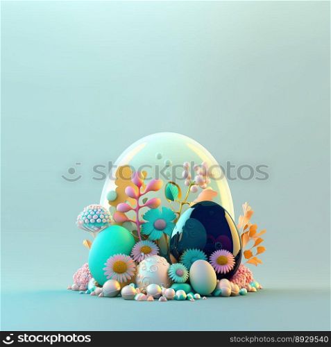 Happy Easter Illustration Background with Shiny 3D Eggs and Flowers