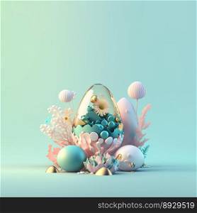 Happy Easter Illustration Greeting Card with Copy Space In Glosy 3D Eggs and Flower Ornaments