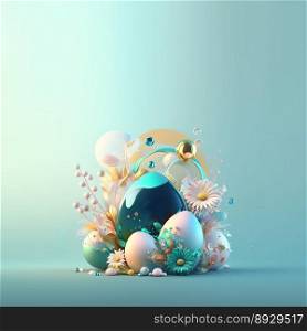 Happy Easter Illustration Greeting Card with Copy Space In Shiny 3D Eggs and Flower Ornaments