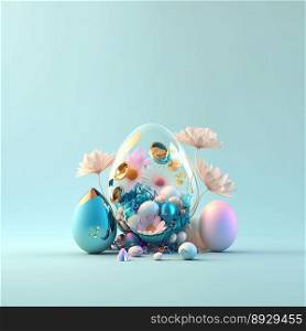 Happy Easter Illustration Greeting Card with Glosy 3D Eggs and Flower Ornaments