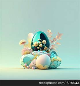 Happy Easter Illustration Greeting Card with Glosy 3D Eggs and Flowers