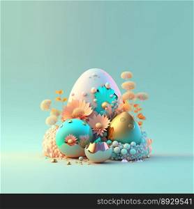 Happy Easter Illustration Greeting Card with Shiny 3D Eggs and Flowers