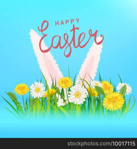 Happy Easter lettering template banner dandelions and bunny ears daisies, grass, floral background. Happy Easter lettering template banner dandelions and bunny ears daisies, grass, floral background. Vector illustration posters, flyers, greeting card, invitation