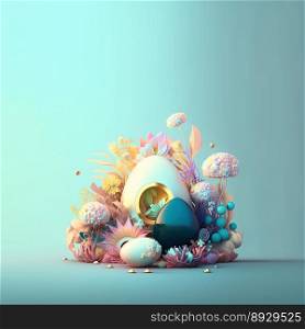 Happy Easter Party Background with Copy Space In Shiny 3D Eggs and Flower Ornaments