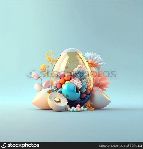 Happy Easter Party Background with Glosy 3D Eggs and Flower Ornaments