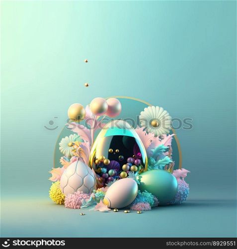 Happy Easter Party Background with Glosy 3D Eggs and Flowers