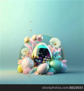 Happy Easter Party Background with Glosy 3D Eggs and Flowers