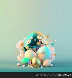 Happy Easter Party Greeting Card with Copy Space In Shiny 3D Eggs and Flower Ornaments