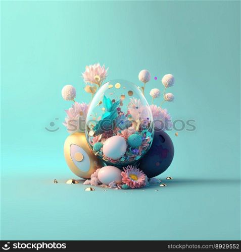 Happy Easter Party Greeting Card with Glosy 3D Eggs and Flowers