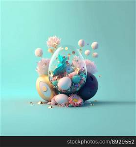 Happy Easter Party Greeting Card with Glosy 3D Eggs and Flowers