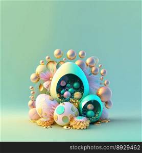 Happy Easter Party Greeting Card with Shiny 3D Eggs and Flower Ornaments