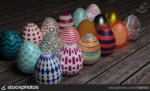 Happy easter, set of easter eggs with different pattern isolated on white background with shadow