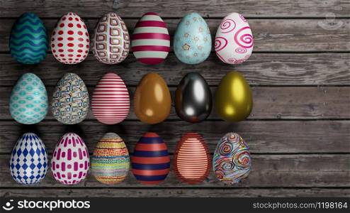 Happy easter, set of easter eggs with different pattern isolated on white background with shadow