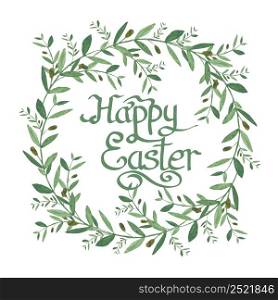 Happy Easter Text inside Watercolor olive wreath. Isolated illustration on white background. Organic and natural concept. Isolated on White Background. Easter Design Element for Your Works