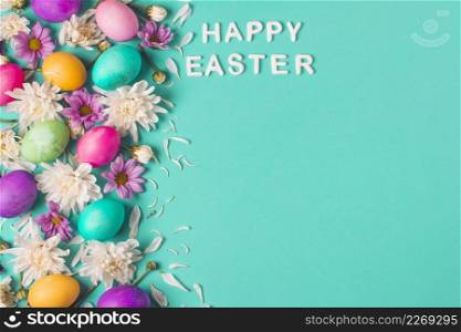 happy easter title near bright eggs flower buds