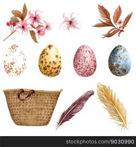 Happy Easter  watercolor illustrations of bird eggs with flowers, plants and greeting frame. Farmhouse Easter clipart isolated on white background