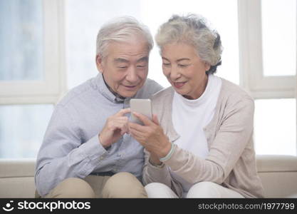 Happy elderly couple having video call on their cell phone