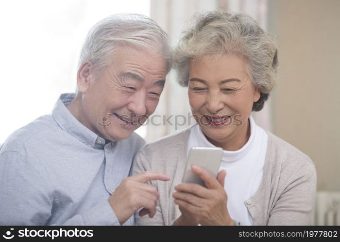 Happy elderly couple having video call on their cell phone