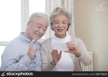 Happy elderly couple having video call on their cell phone