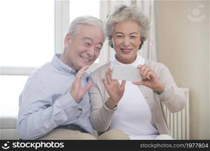Happy elderly couple having video call on their cell phone