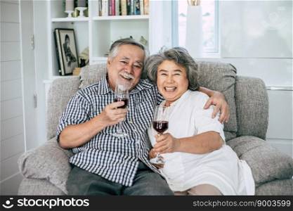 Happy Elderly woman and her husband drinking wine and happiness
