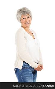 Happy elderly woman smiling, isolated on white background