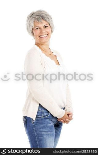 Happy elderly woman smiling, isolated on white background