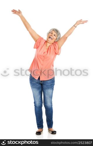 Happy elderly woman with arms open, isolated on white
