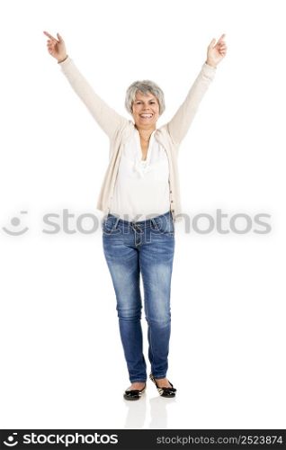 Happy Elderly woman with noth arms open, isolated over a white background