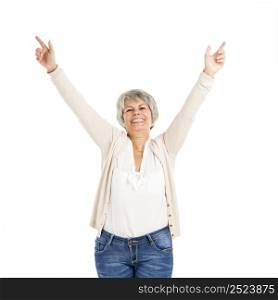 Happy Elderly woman with noth arms open, isolated over a white background