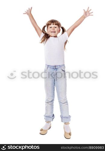 Happy excited Jumping girl isolated on white. Jumping laughing girl