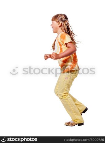 Happy excited walking girl isolated on white. Little girl walking
