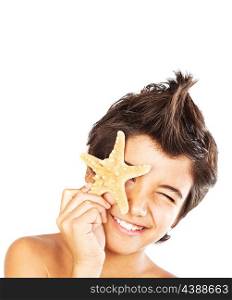 Happy face cute boy with starfish, closeup portrait of preteen brunette child, male kid model having fun, isolated on white background, summer travel and beach vacation