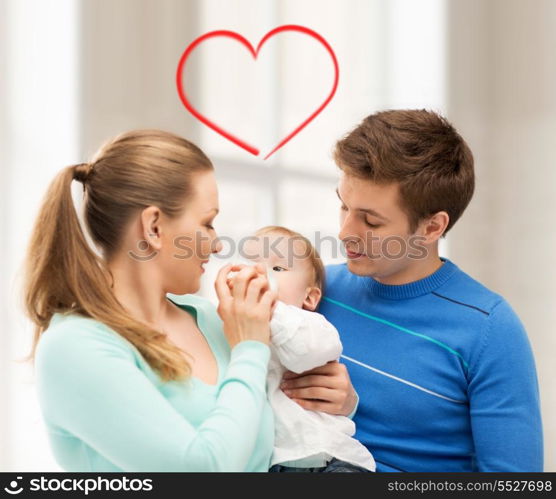 happy family and adorable baby with feeding-bottle