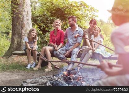 Happy family and friends roasting sausages over burning c&fire at park