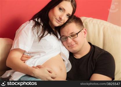 Happy family and waiting for baby concept. Handsome man husband hugging his pregnant attractive woman wife, relaxing together on sofa at home