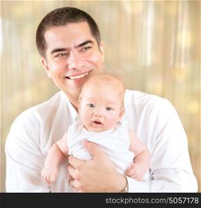 Happy family at home, portrait of cheerful smiling father holding on hands his cute little daughter, love concept