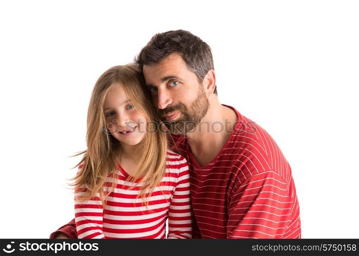Happy family beard father and blond kid daughter blue eyes on white background