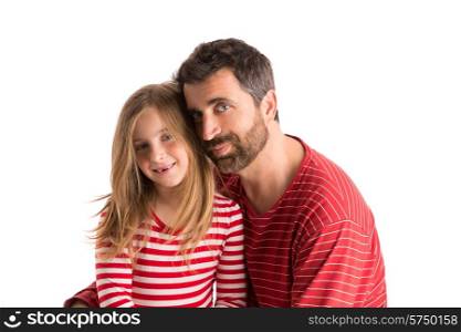 Happy family beard father and blond kid daughter blue eyes on white background