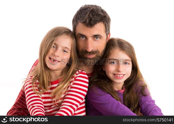 Happy family beard father and two kid daughters blue eyes on white background